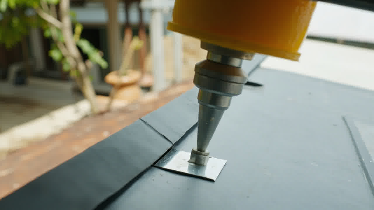 Aplikasi bahan penyegel pada sambungan membrane canopy di carport perumahan