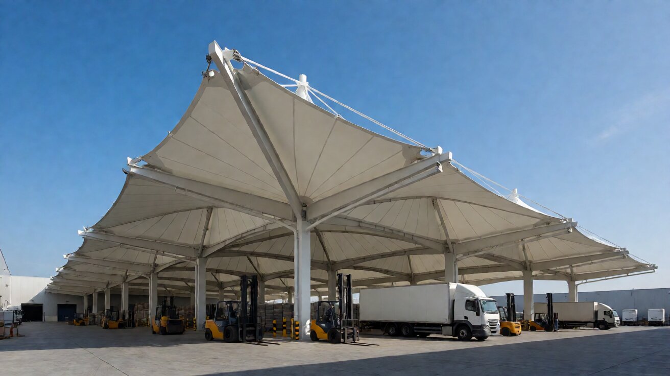Atap membrane untuk gudang dan yard logistik dengan bentang lebar tanpa kolom