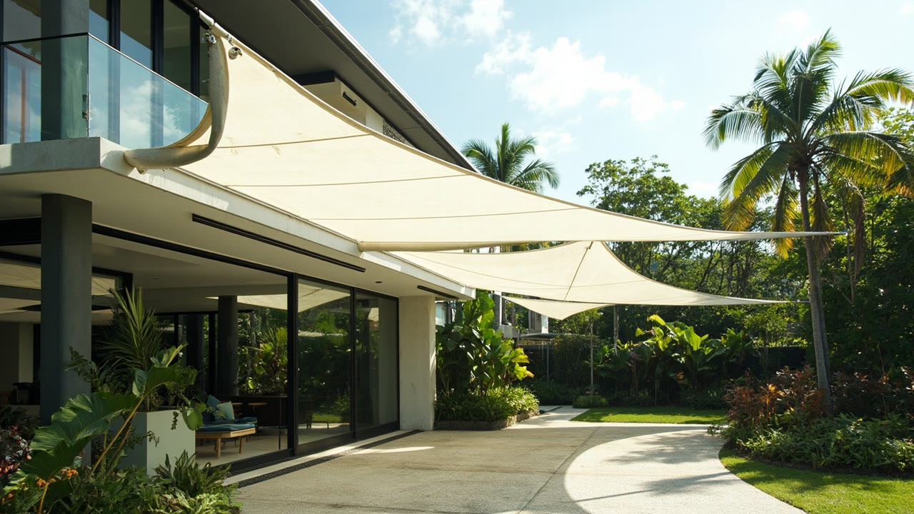 Kanopi membrane menaungi area carport rumah tropis dengan rangka baja ringan dan kain tensile berwarna putih