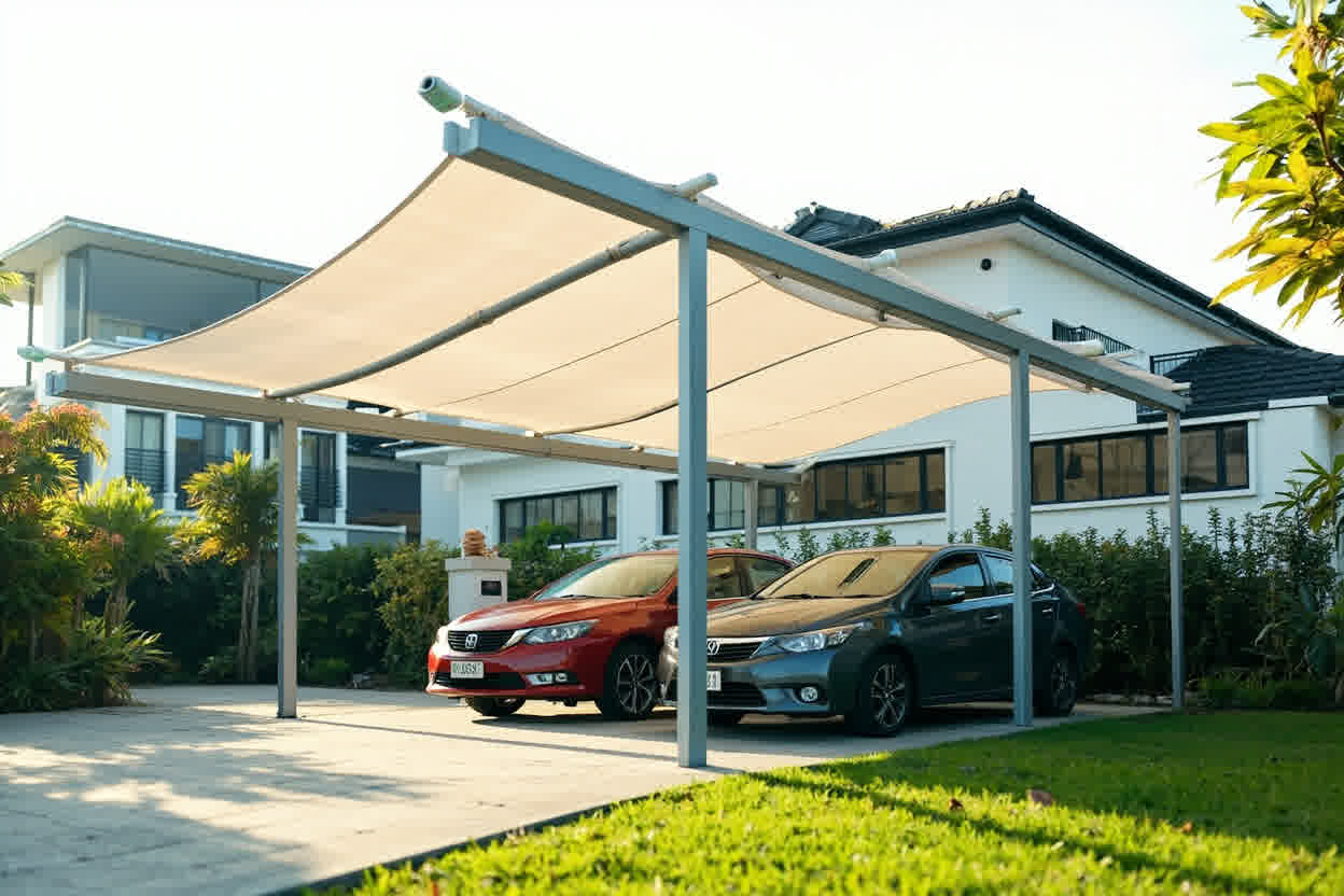 Kanopi membrane carport berbentuk payung dengan satu tiang mast di tengah
