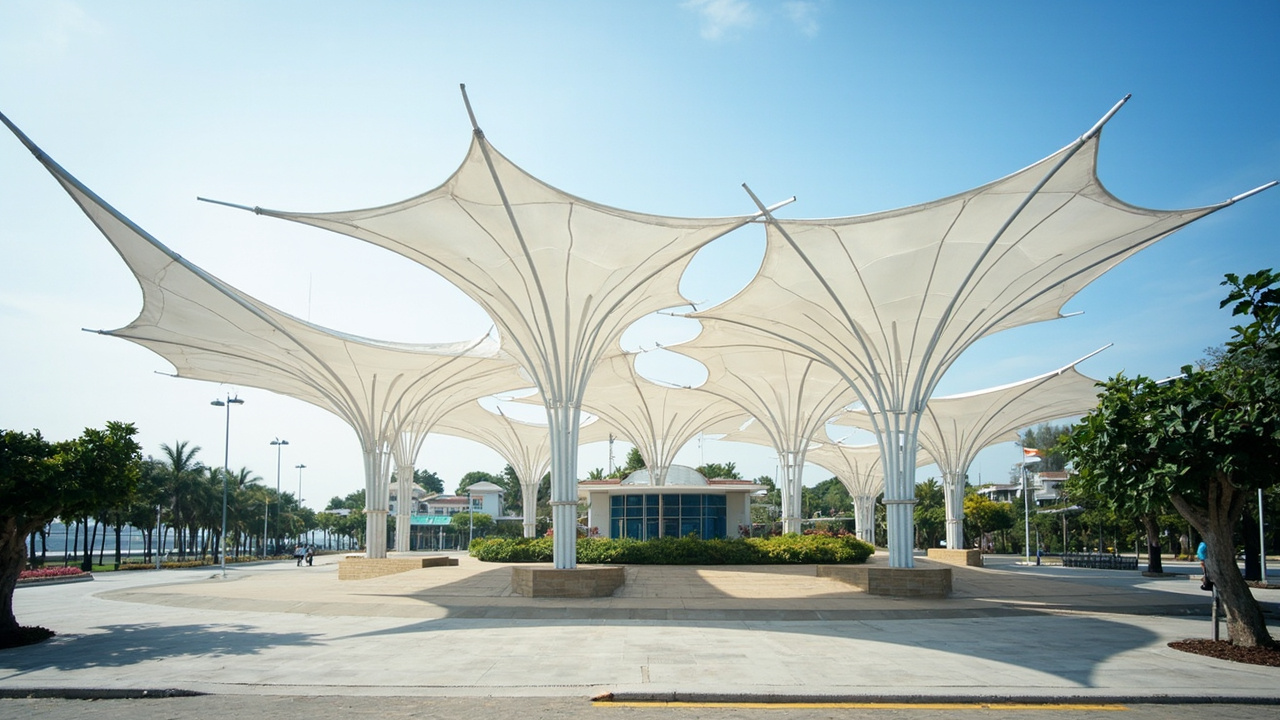 Desain canopy membrane bentuk melengkung dan kubah memanjang pada area memanjang