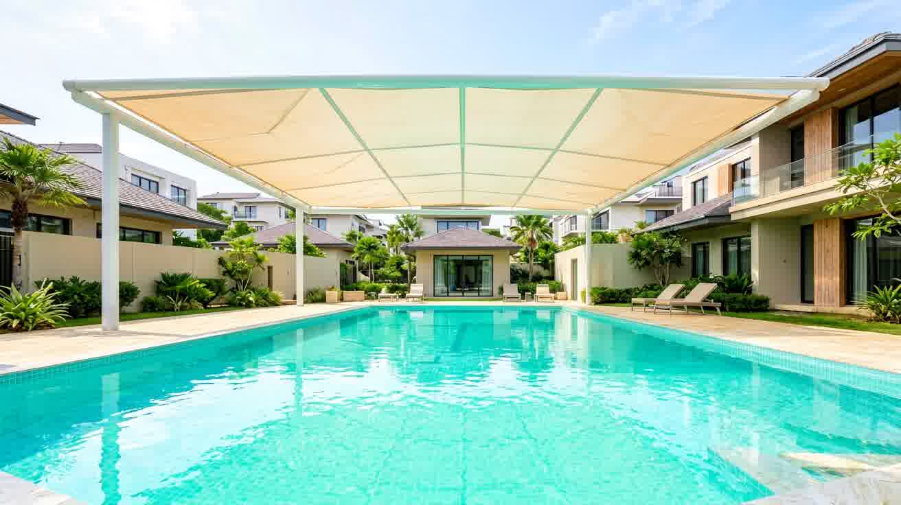 Kanopi membrane kolam renang: bentang bebas dan estetika alami