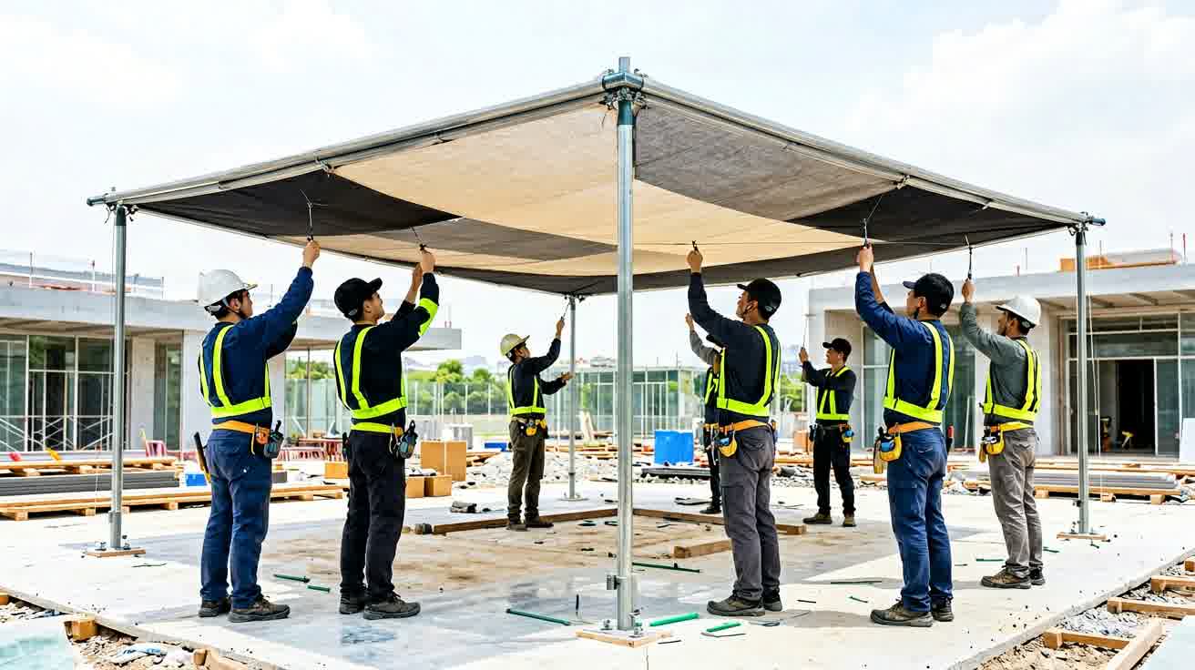 Proses instalasi tenda membrane oleh vendor profesional