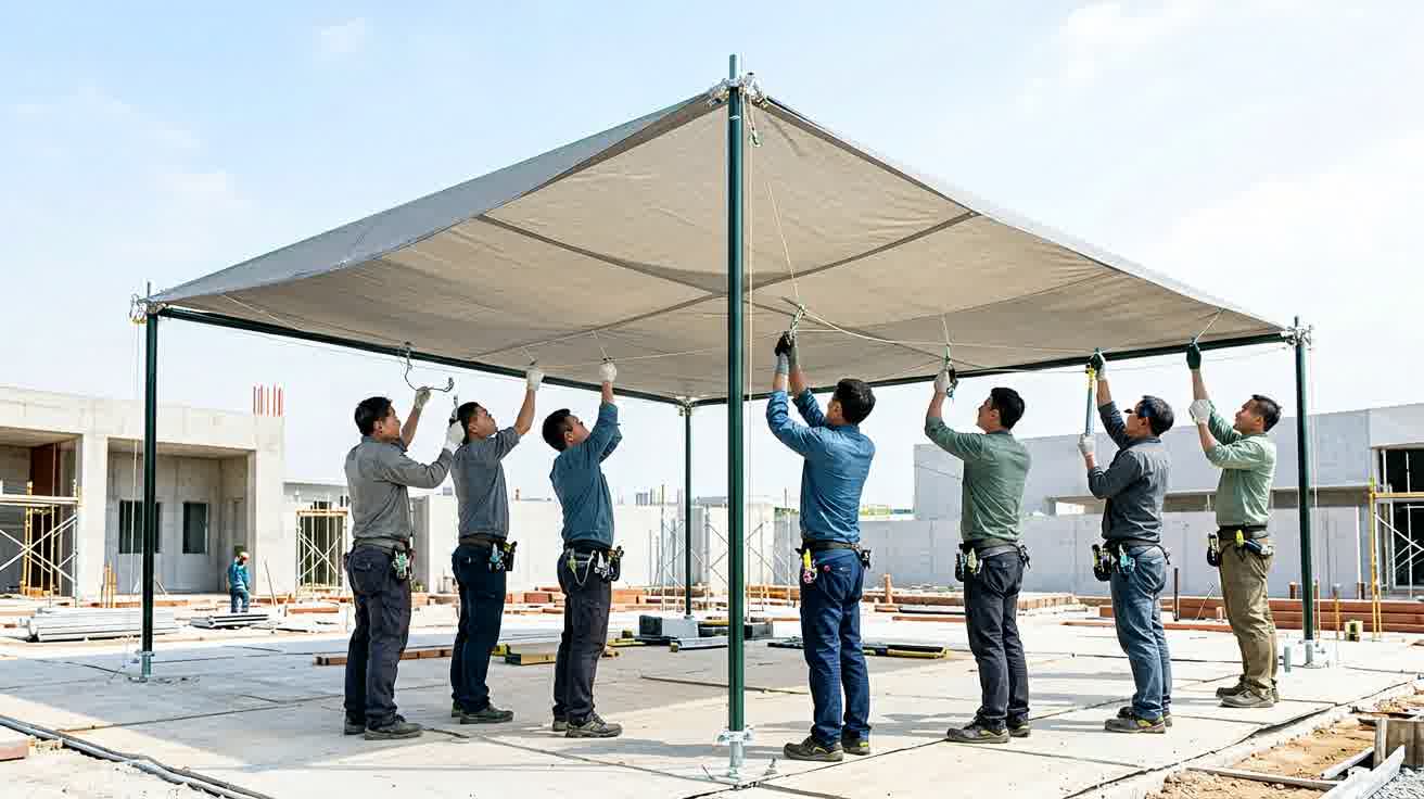 Proses instalasi tenda membrane oleh vendor profesional