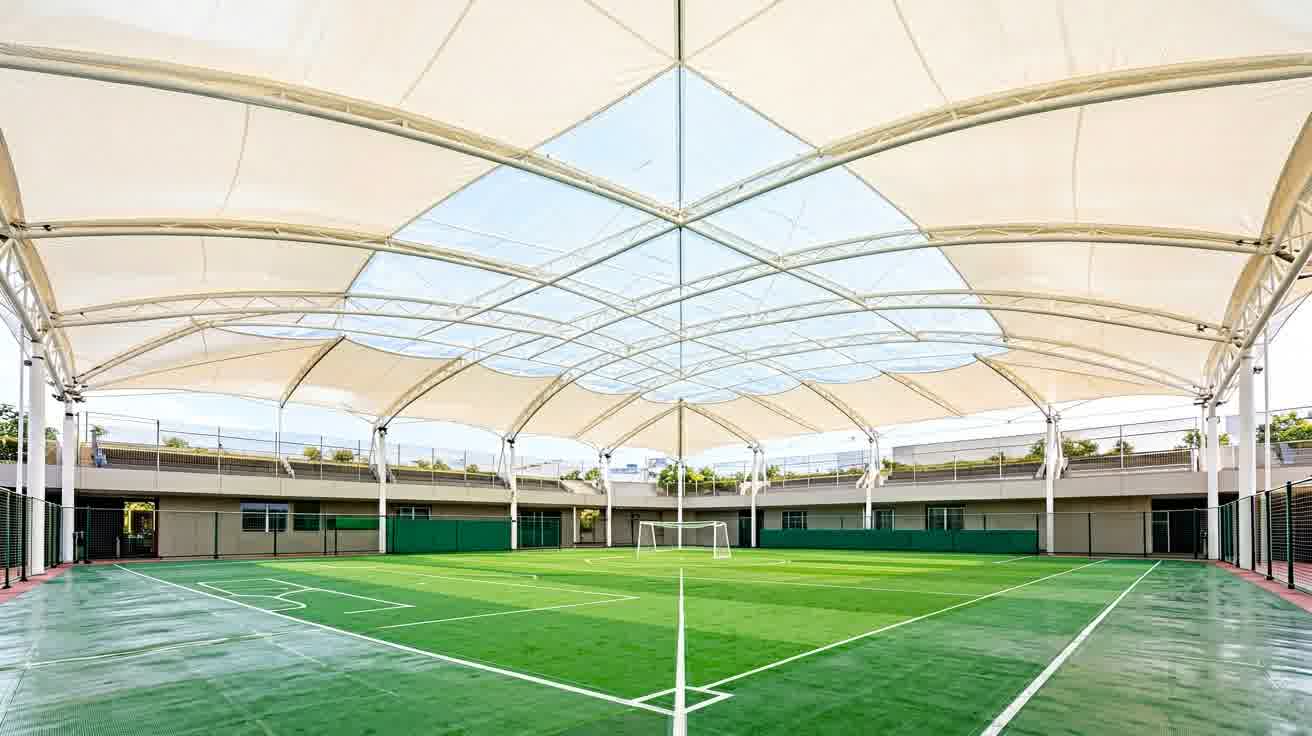 Atap clear-span membrane untuk lapangan futsal: kontrol cahaya dan drainase