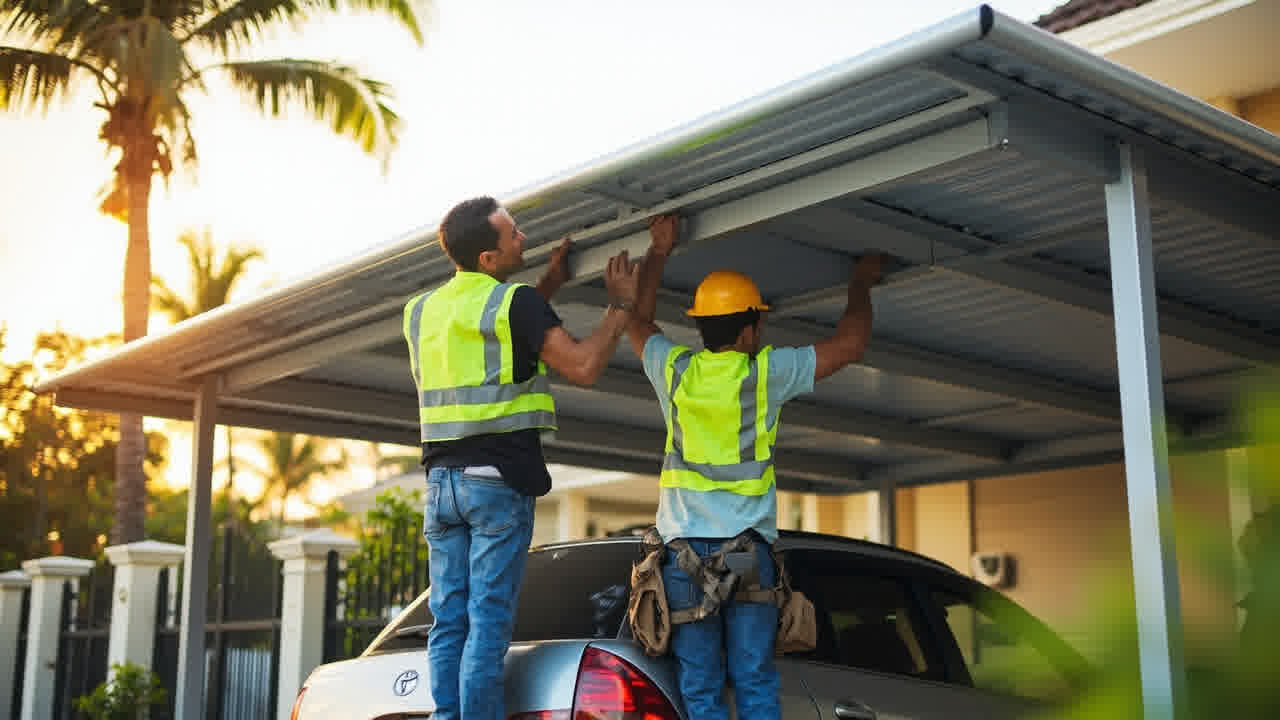 Pemasangan kanopi baja ringan untuk carport rumah oleh tim Mega Membrane Indonesia di Tangerang