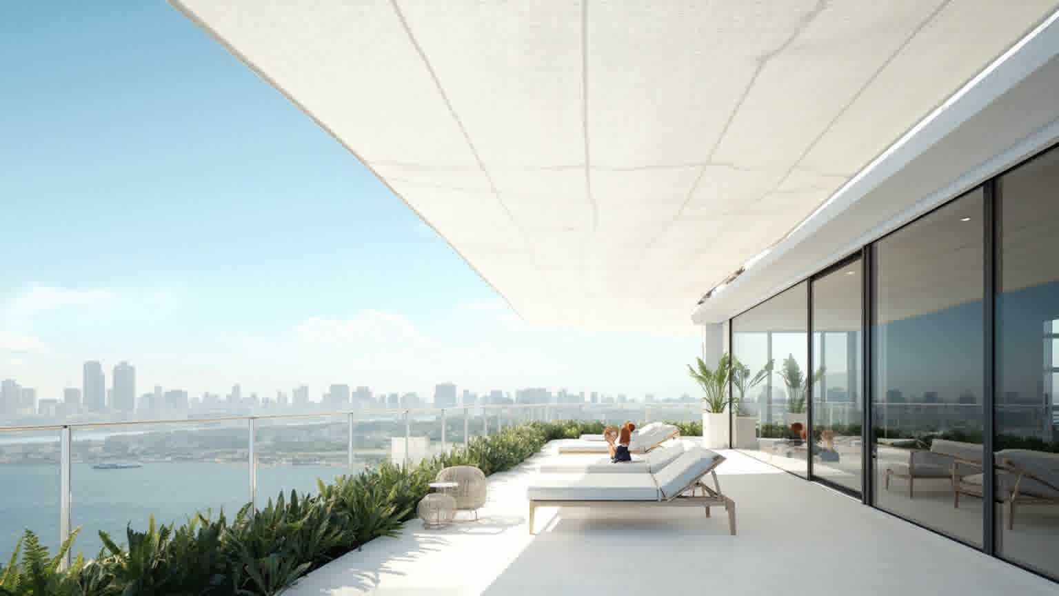 Kanopi membrane hypar minimalis di balkon apartemen lantai tinggi dengan view kota