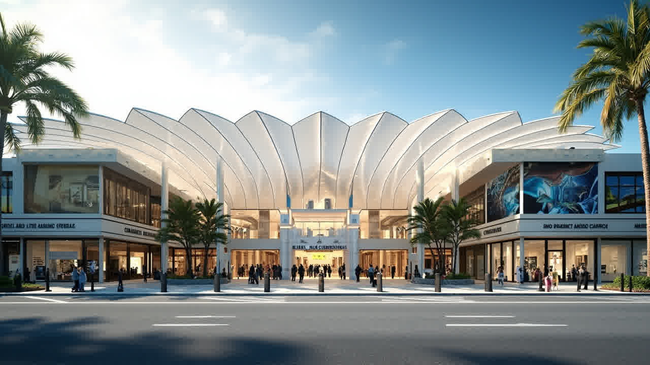 Kanopi membrane tensile umbrella besar di entrance shopping center modern dengan pedestrian area