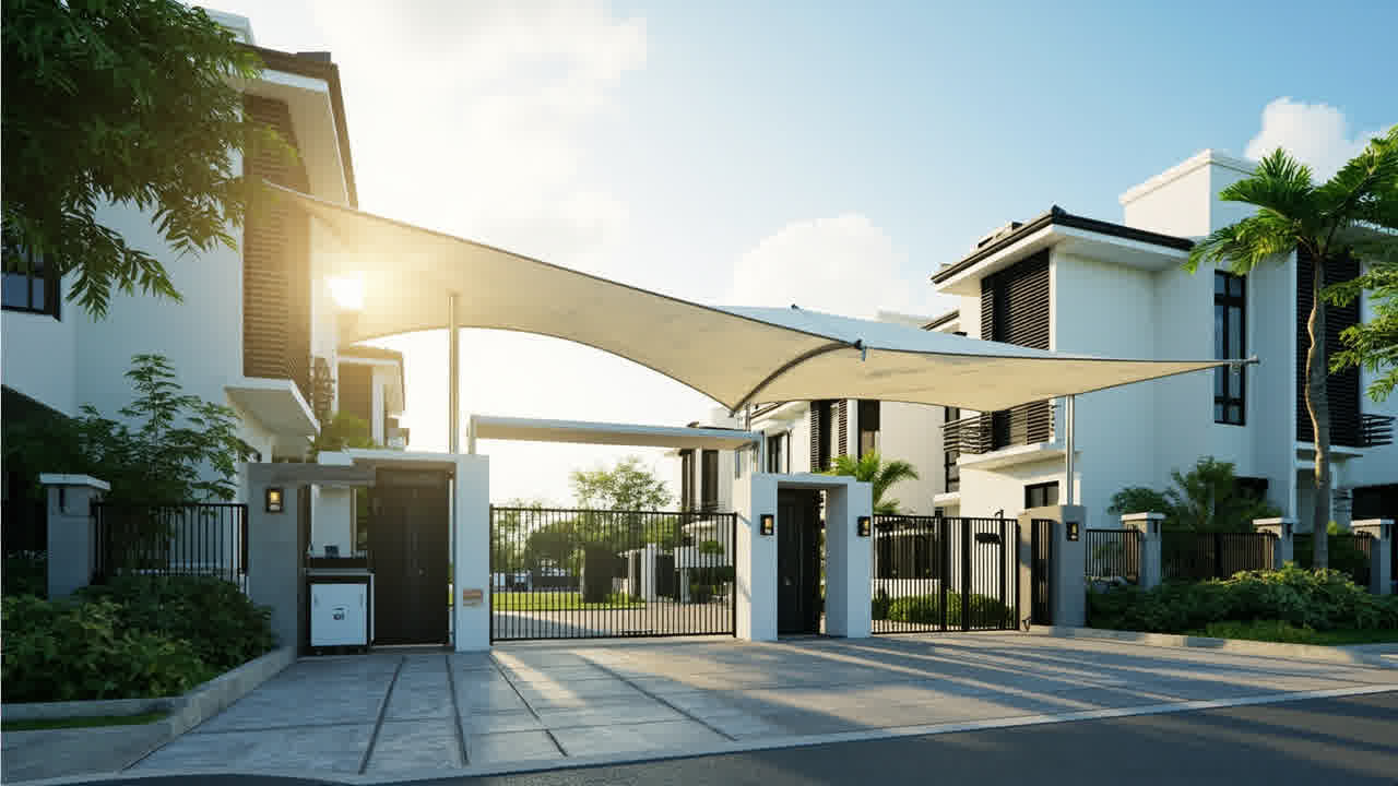 Kanopi membrane tensile umbrella menutupi entrance gate dan clubhouse perumahan cluster modern