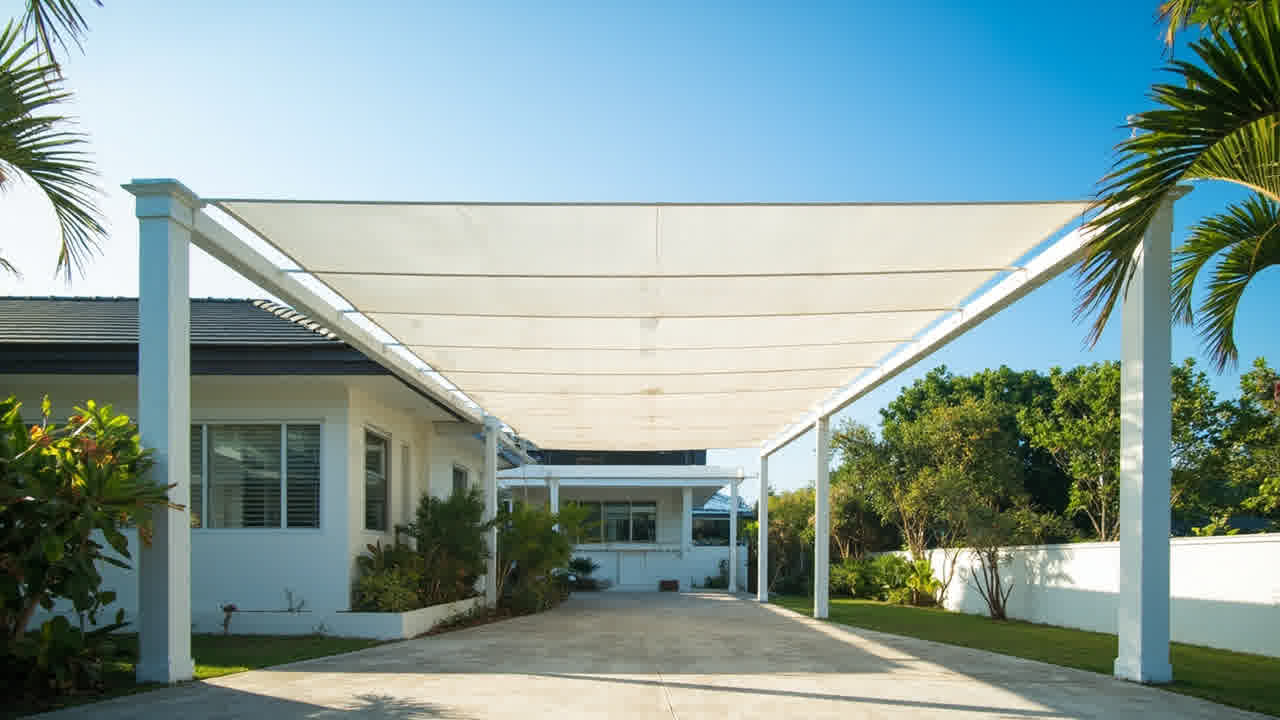Kanopi membrane teras rumah minimalis dengan desain hypar di iklim tropis Indonesia