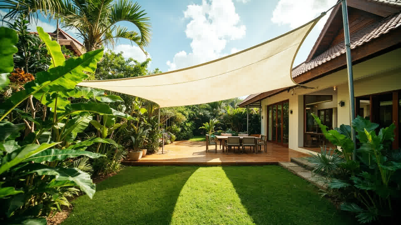 Kanopi membrane shade sail menutupi area duduk taman rumah dengan tanaman tropis di sekitarnya