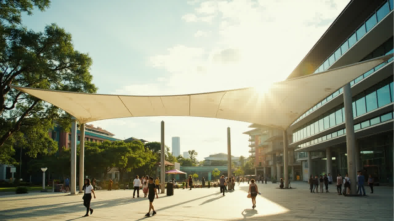 Kanopi membrane tensile umbrella besar di plaza universitas modern dengan amphitheater