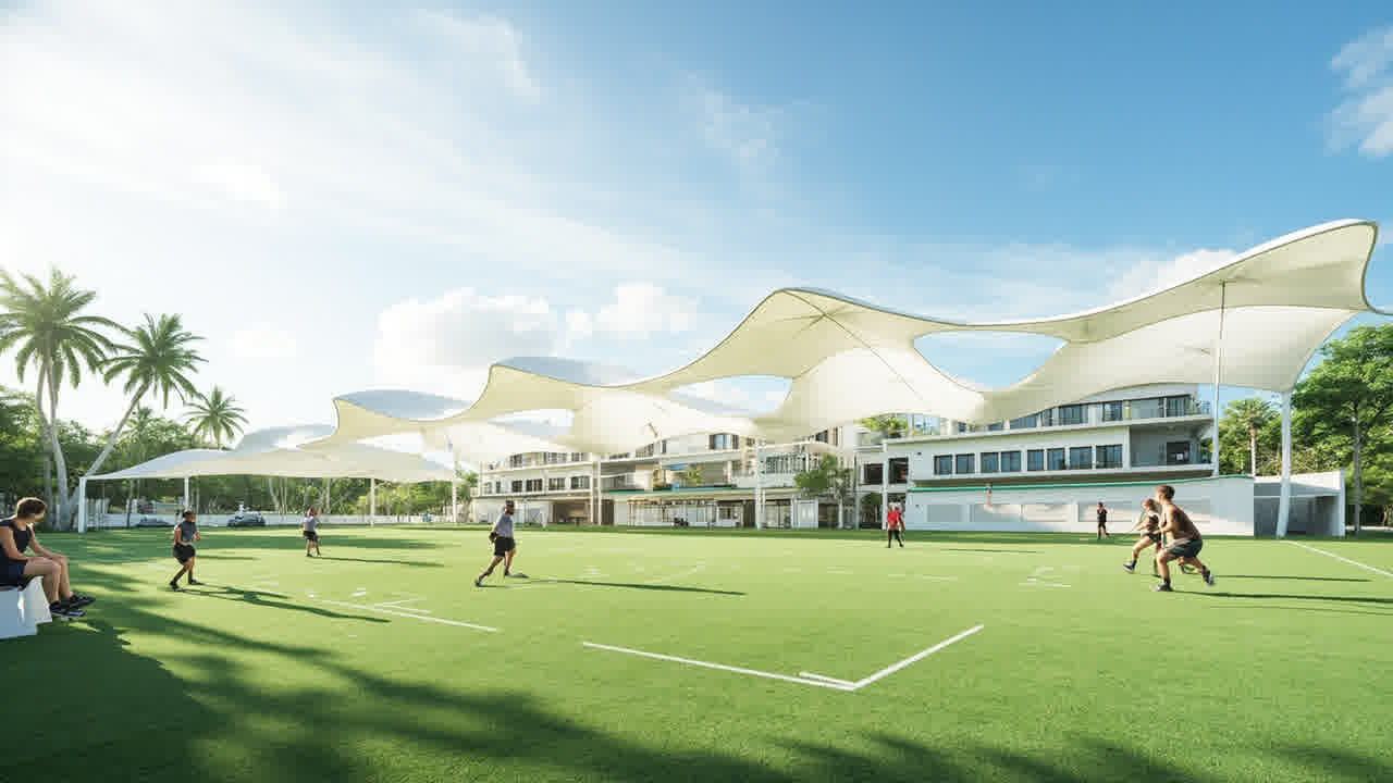 Kanopi membrane tensile umbrella menutupi lapangan futsal outdoor modern dengan pemain berlatih