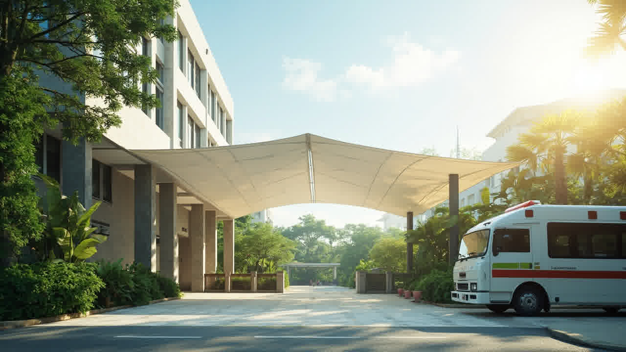 Kanopi membrane tensile umbrella besar di entrance rumah sakit modern dengan drop-off zone dan taman