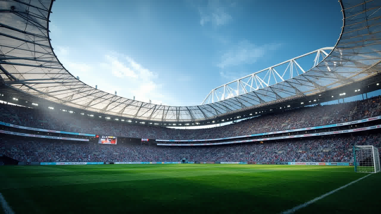 Kanopi membrane PTFE berbentuk saddle menutupi tribun stadion modern dengan high mast baja sebagai penumpu utama
