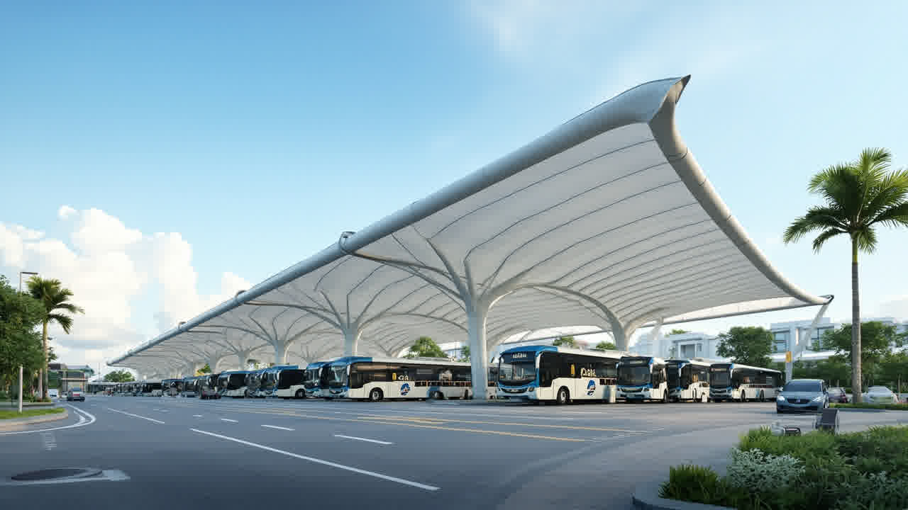 Kanopi membrane shade sail menutupi area tunggu terminal bus modern dengan bus AKAP di jalur boarding