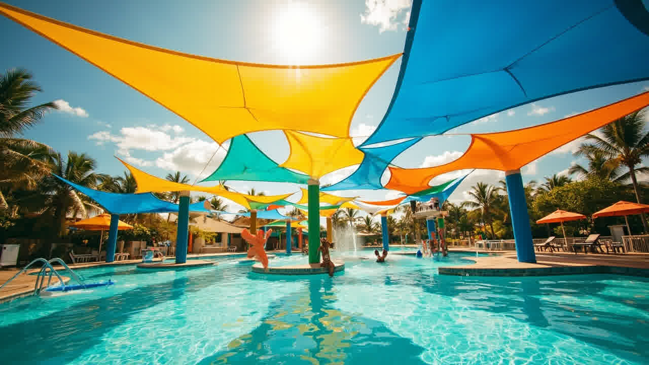 Kanopi membrane shade sail warna-warni menutupi area waterpark dengan kolam renang di bawahnya