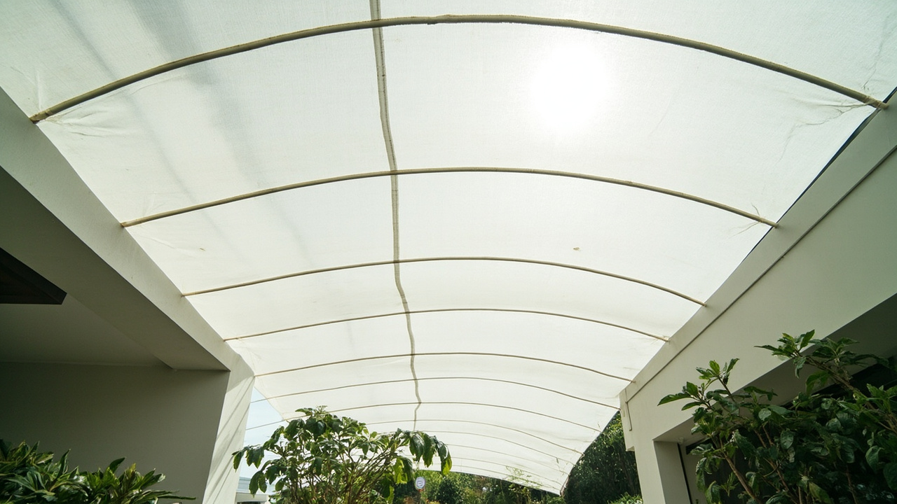 Canopy membrane dengan struktur tarik baja melindungi area taman rumah dari panas dan hujan tropis