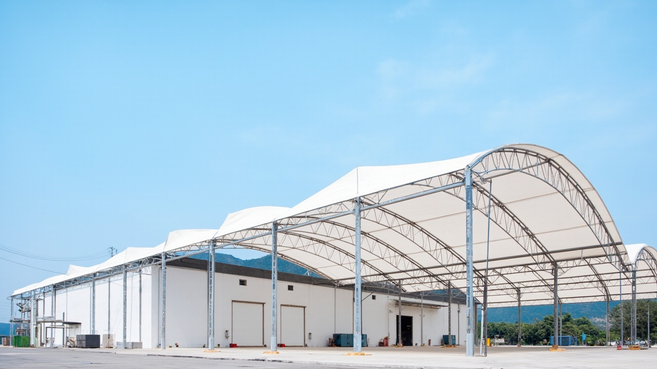 Atap membrane tipe tensile roof pada bangunan gudang dengan bentang lebar di kawasan industri