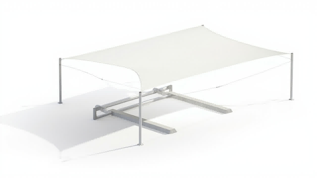 Struktur canopy membrane terdiri dari tiang utama baja, kabel prategang, dan angkur yang ditanam dalam pondasi beton